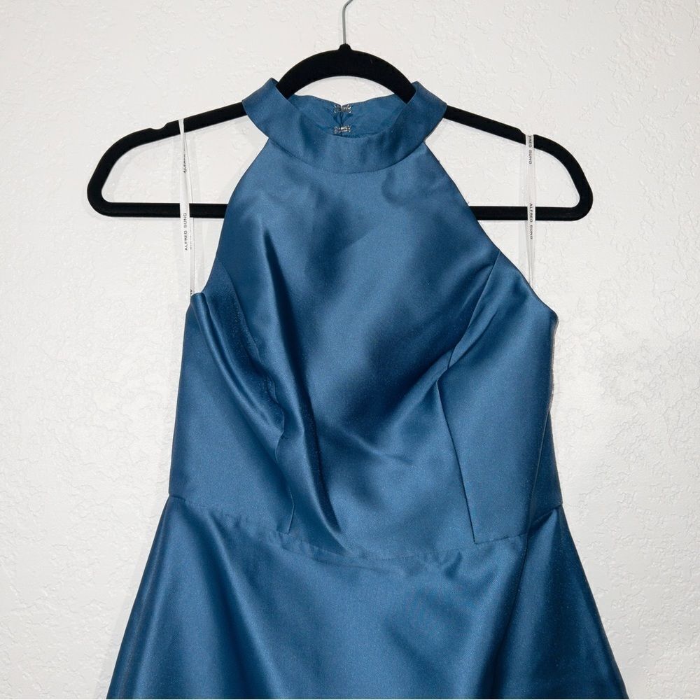 NWT Alfred Sung Dusk Blue High Neck Cut Out Satin Dress Size 6 - Picture 4 of 8